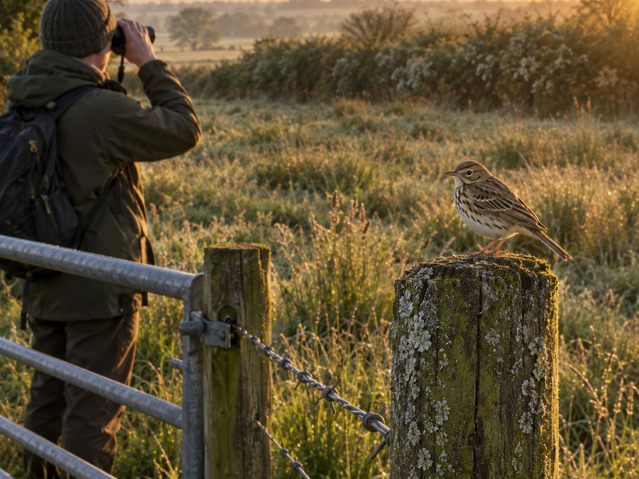 Ecologist watching through binoculars at dawn beside a field gate, with a meadow pipit perched on a fence post in the foreground
